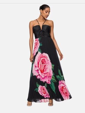 Xscape Black Maxi Dress with Large Pink Rose Print